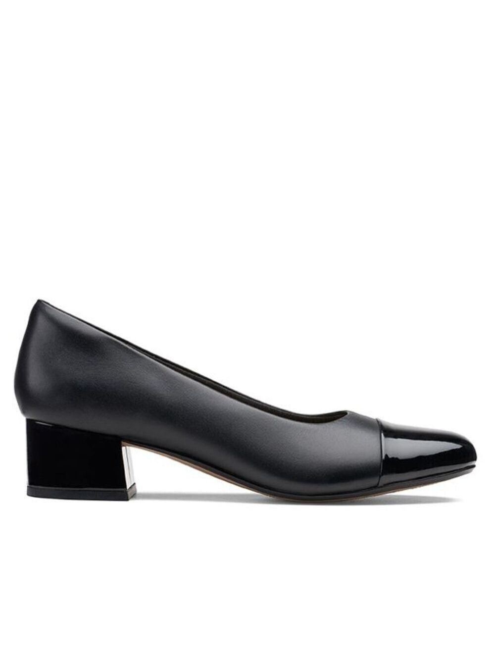 Clarks Marilyn Sara Black Leather with Patent Square Toe Block Heel Pump